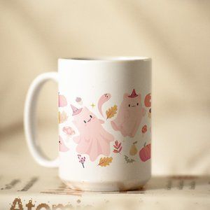 Halloween Pink cute ghosts Coffee Mug. Halloween Coffee Cup. 15oz Ceramic Mug